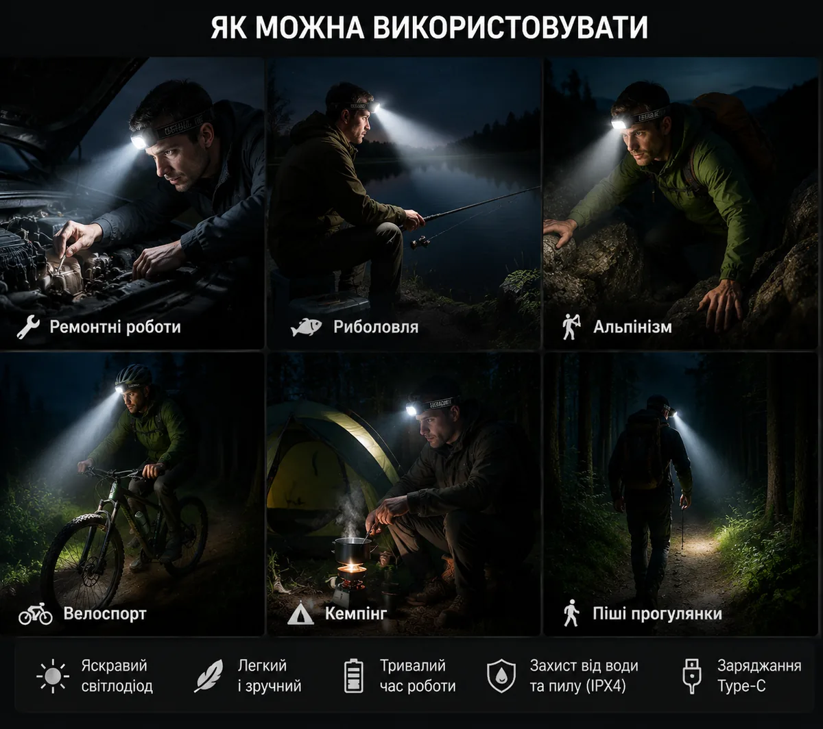 Різні варіанти користування ліхтариком UKC M8 Pro