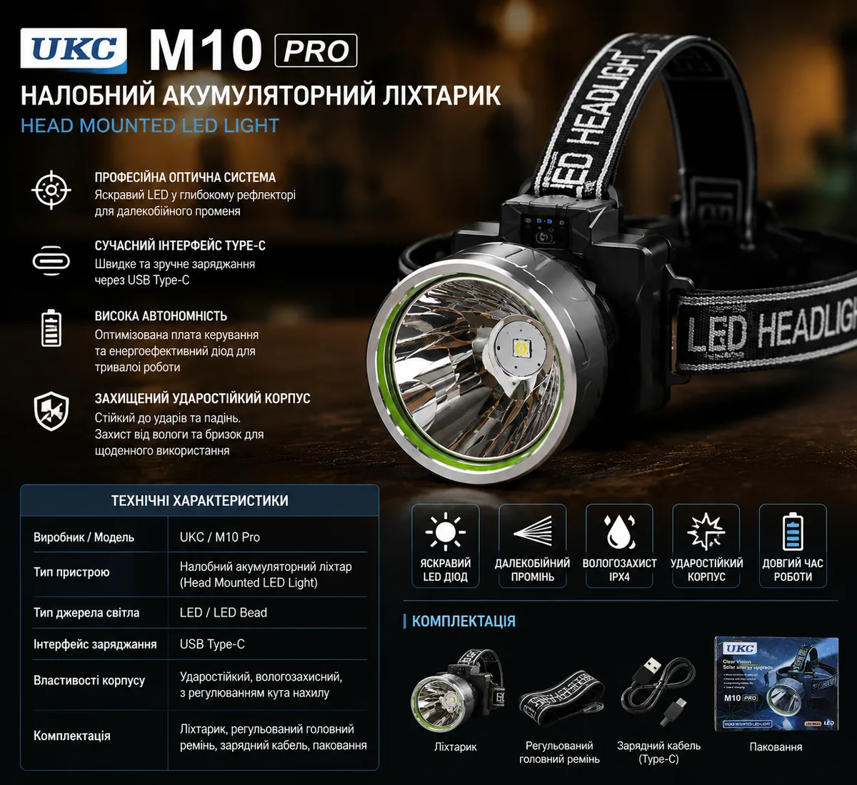 Особливості та характеристики ліхтарика UKC M10 Pro LED
