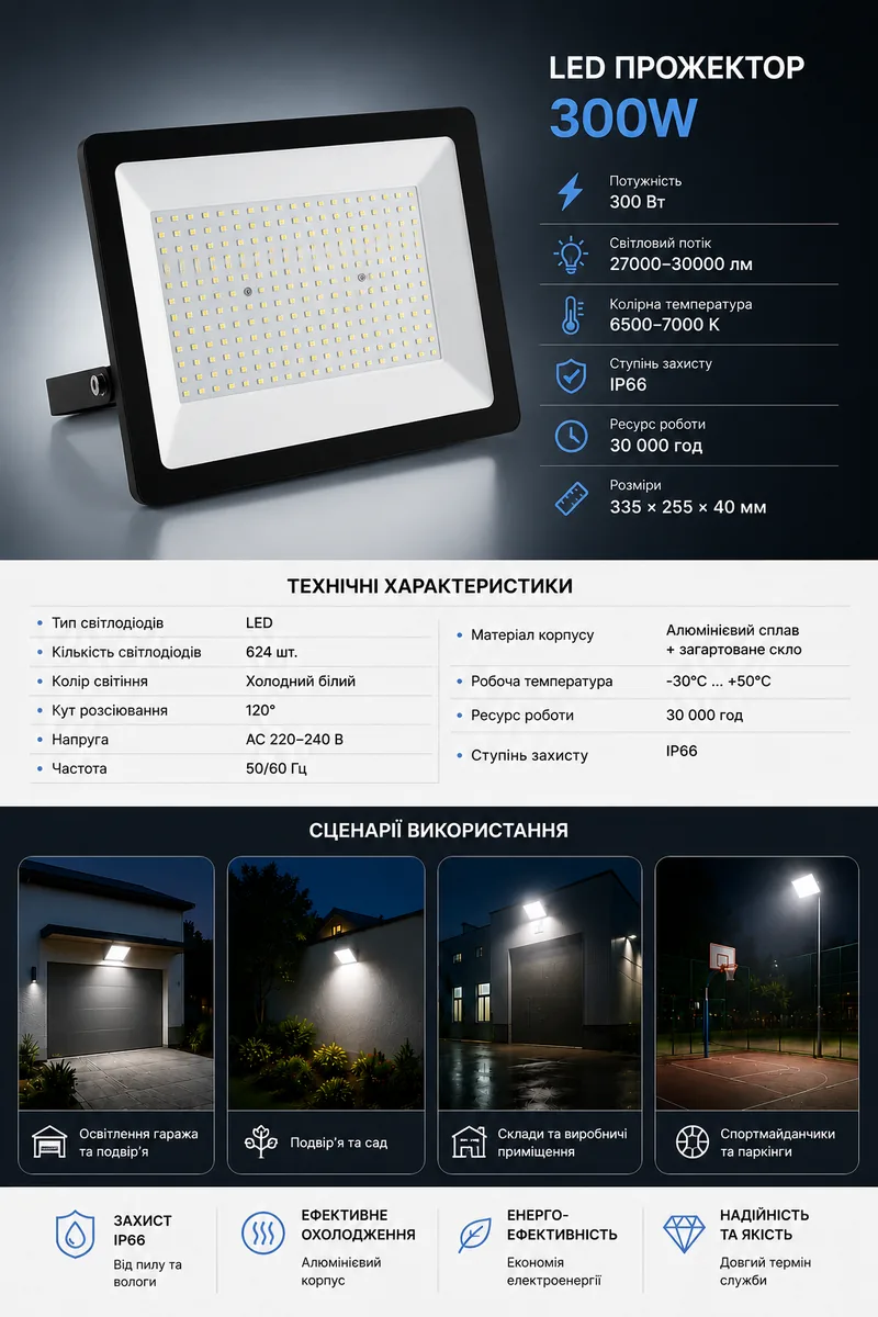 Характеристики прожектора AEON LED 300W 27000 лм