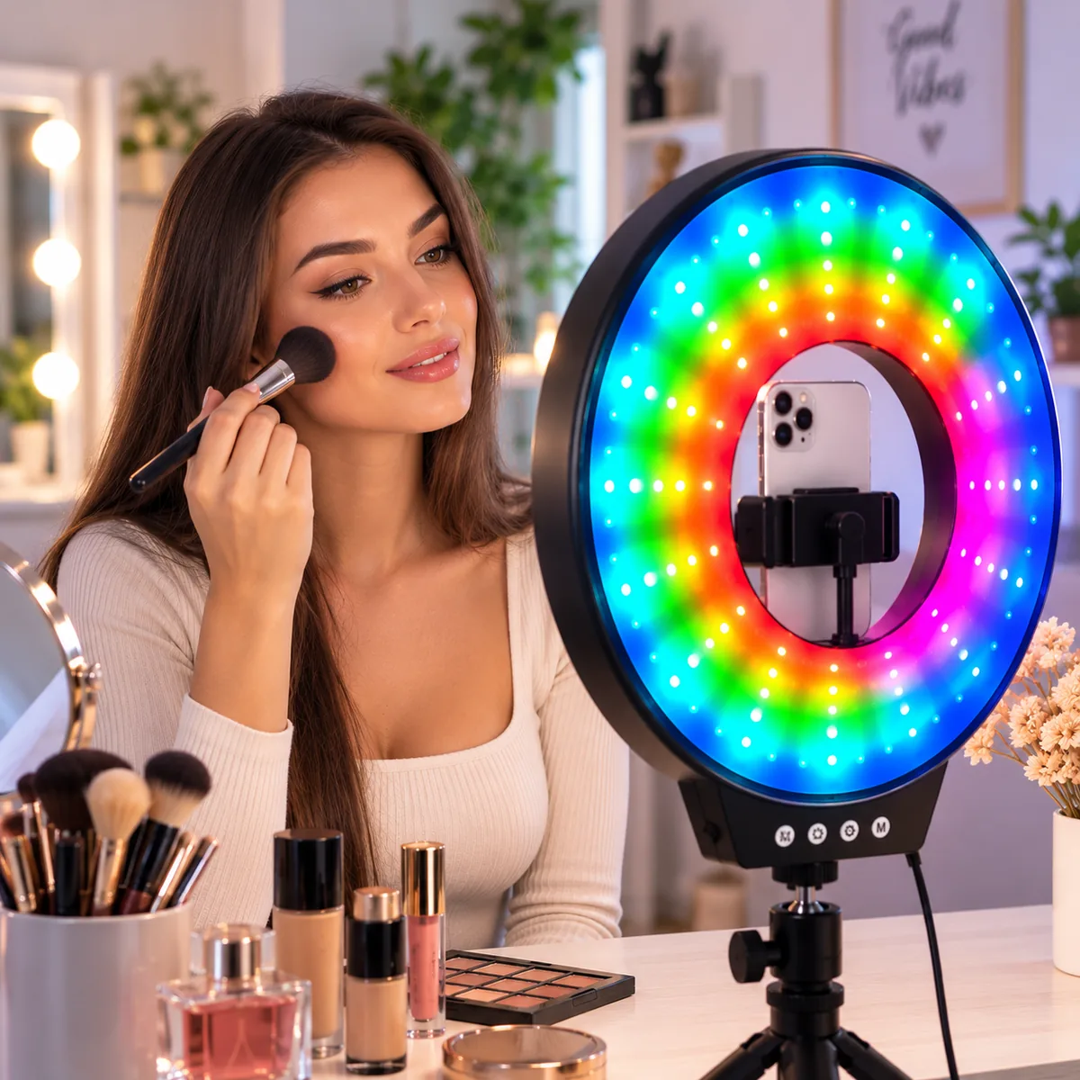 Кільцева RGB лампа для селфі MJ-261, 26 см, з тримачем для телефону та живленням від USB